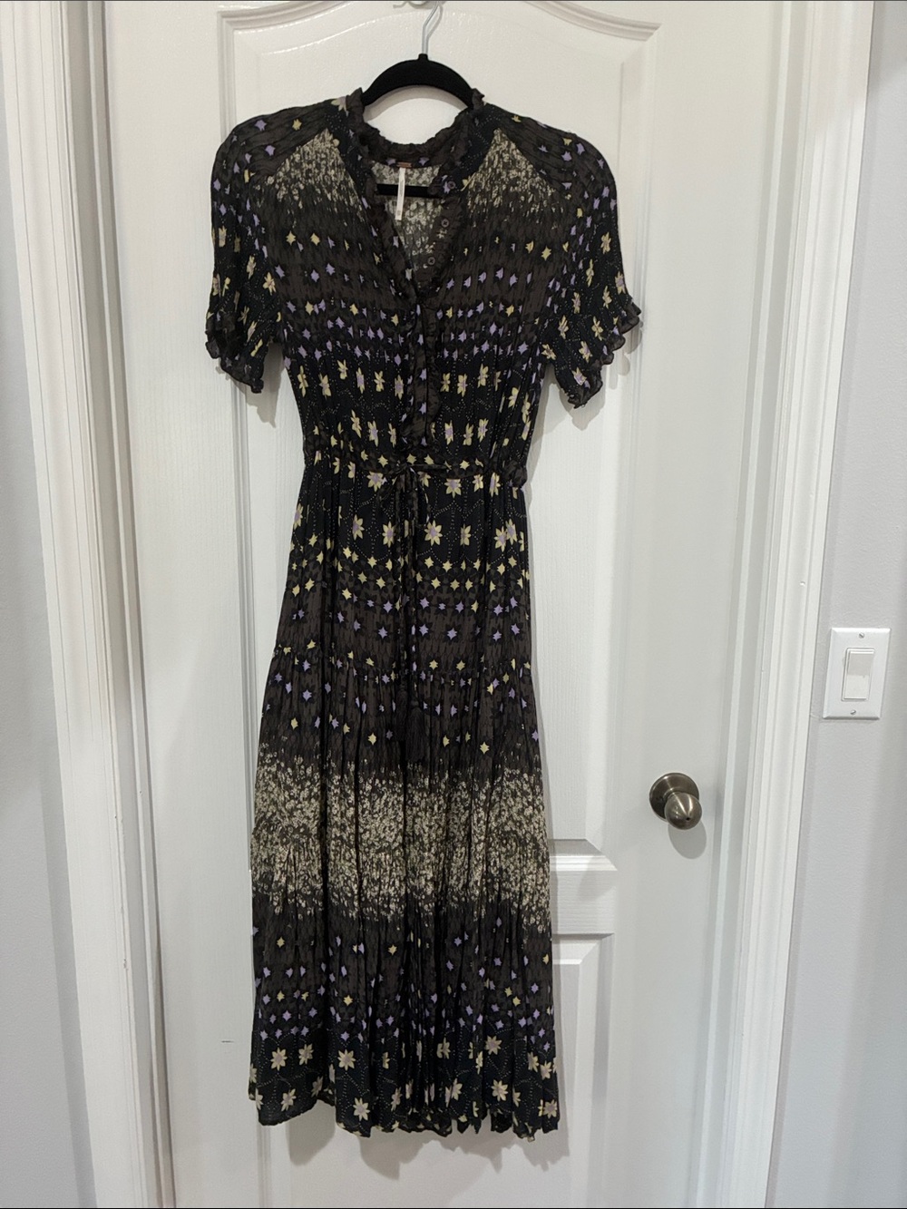 Free People Black Maxi  Dress with Lavender and Cream Floral Print